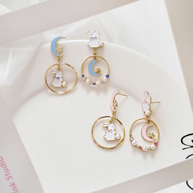 sengpan CHEISTMAS gifts for her New Fashion Moon Stars Rabbit Dangle Earrings For Women Flower Kitten Fishbone Crystal Pearl Asymmetrical Earring Party Jewelry