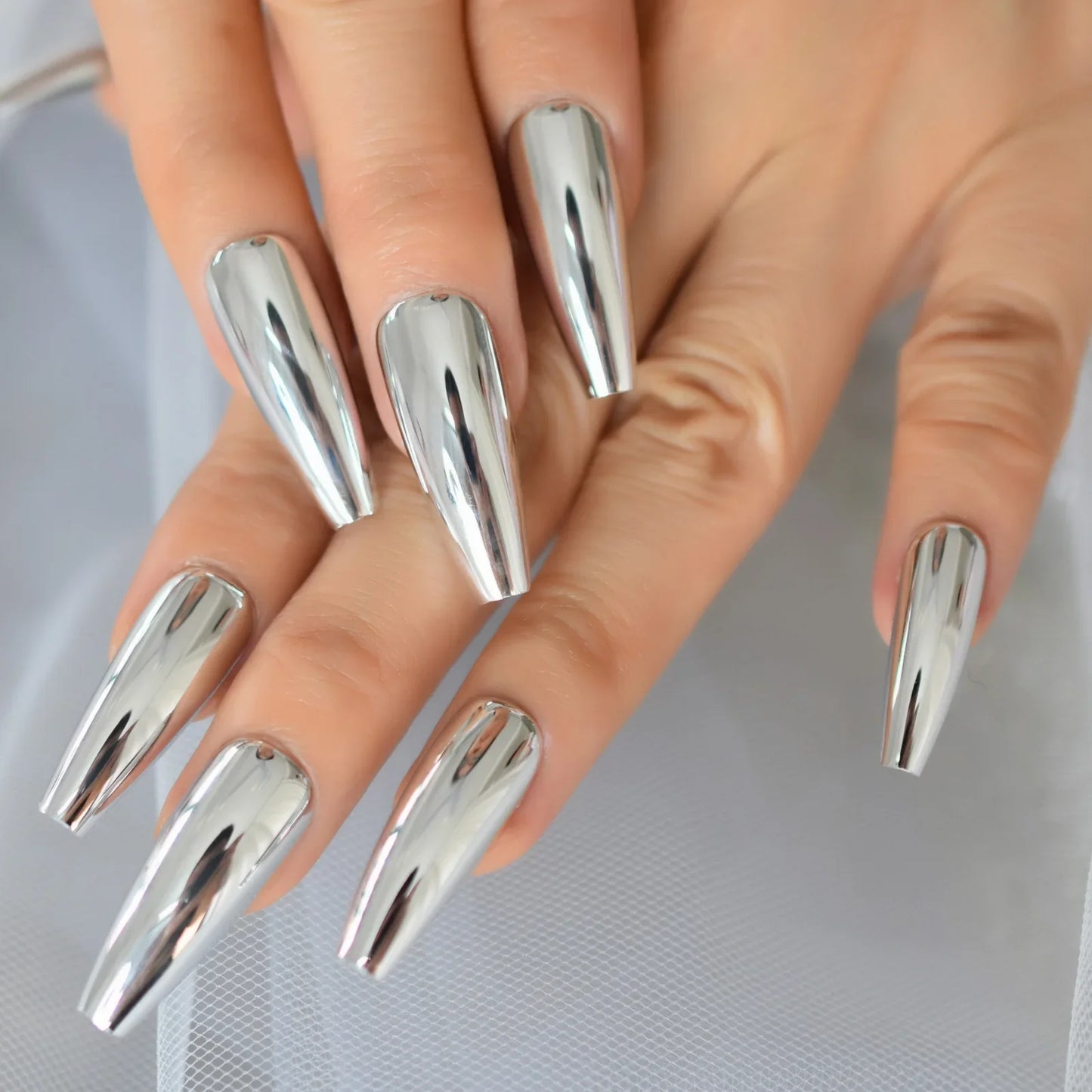 sengpan Silver Coffin Fake Nails Long Ballet Metallic False Nail Tips Solid Color Mirror Press On Nails Art Manicure At Home Salon Tools