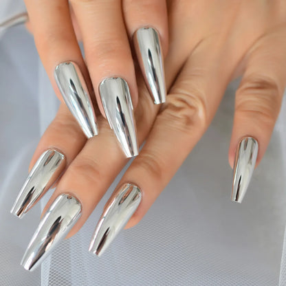 sengpan Silver Coffin Fake Nails Long Ballet Metallic False Nail Tips Solid Color Mirror Press On Nails Art Manicure At Home Salon Tools