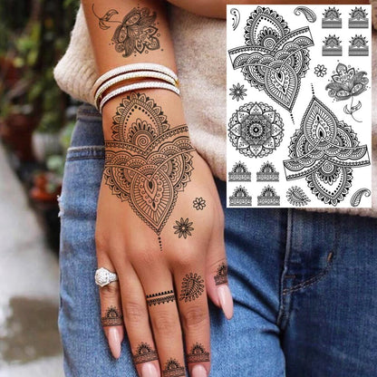 sengpan western jewelry for women Black Henna Lace Temporary Tattoos Sticker For WOmen Butterfly Moth Mehndi Flower Fake Tatoo Sticker Feather Flora Tatoo