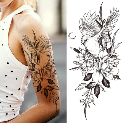 sengpan Death Skull Flower Temporary Tattoo For Women Girls Snake Bird Peony Tattoo Sticker Black Fake Blossom Sexy Tatoo Transfer Adult