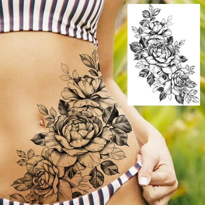 sengpan Sexy Flower Temporary Tattoos For Women Body Art Painting Arm Legs Tattoos Sticker Realistic Fake Black Rose Waterproof Tattoos