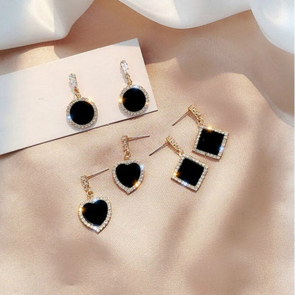 sengpan Round rhinestone earrings new black fashion Korean personality temperament wild simple earrings ladies jewelry