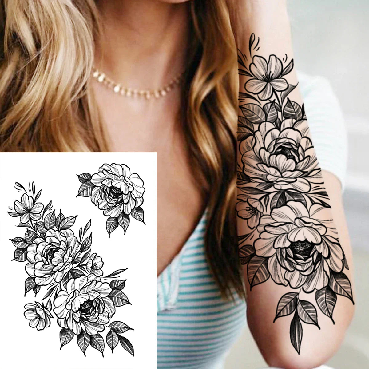 sengpan Sexy Flower Temporary Tattoos For Women Body Art Painting Arm Legs Tattoos Sticker Realistic Fake Black Rose Waterproof Tattoos