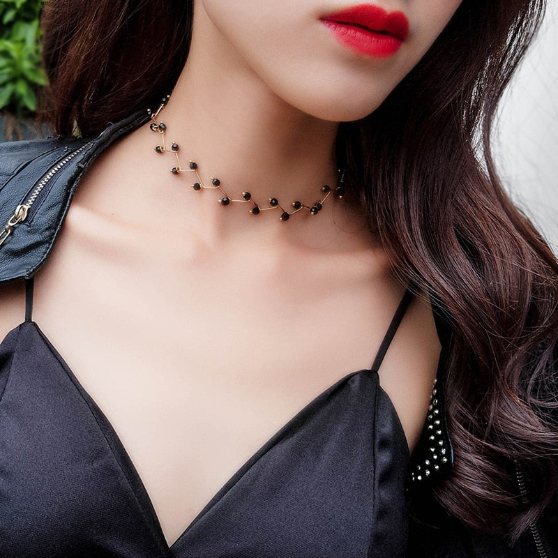 sengpan  New Arrivals Hot Fashion Black Crystal Necklace Kolye Collier Simple Cross Strand Beaded Chokers Necklaces Women Jewelry