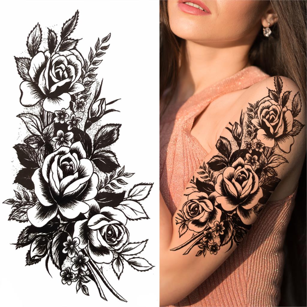 sengpan Black 3D Rose Temporary Tattoo For Women Girls Adult Peony Dahlia Flower Tattoos Sticker Black Flora Glory Geometric Arm Tatoos