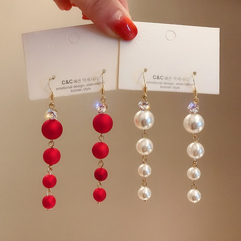 sengpan bridal jewelry set for wedding Fashion Elegant Simulated Pearl Long Tassel Drop Earrings French Retro Red Pearl Zircon Statement Earrings Women Party Jewelry