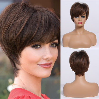 sengpan Short Straight Wigs Ombre Brown Synthetic Hair Wigs with Bangs for Black Women Daily Cosplay Heat Resistant Natural Hair Wigs