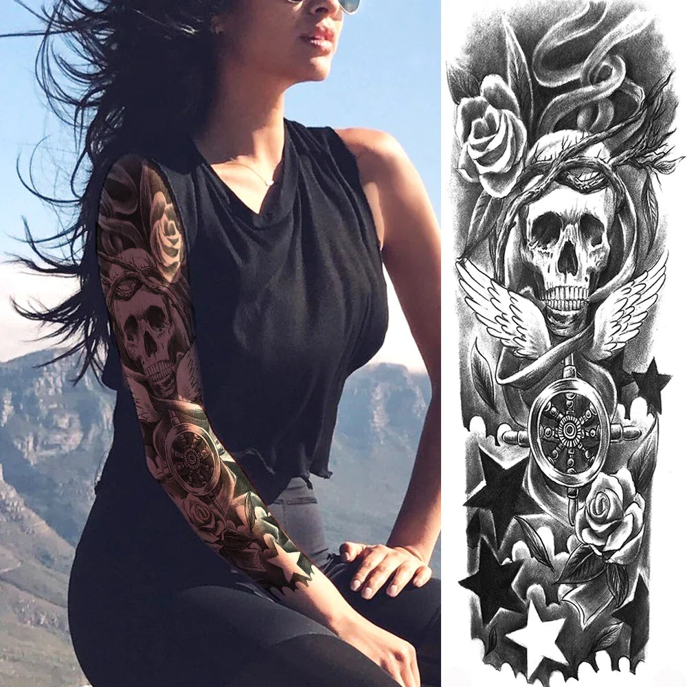 sengpan Sexy Full Arm Temporary Tattoos Sticker For Women Men Adult Gun Nun Vines Realistic Fake Tattoo Sleeves Large Tatoos Paste