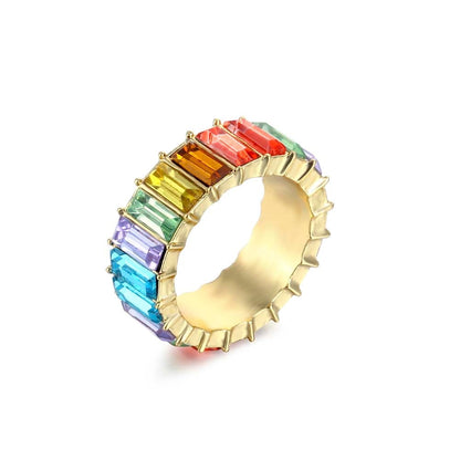 sengpan Dainty Rainbow Ring Multi Color Crystal Eternity Square Baguette Finger Ring Women Female Wedding Jewelry  Wholesale