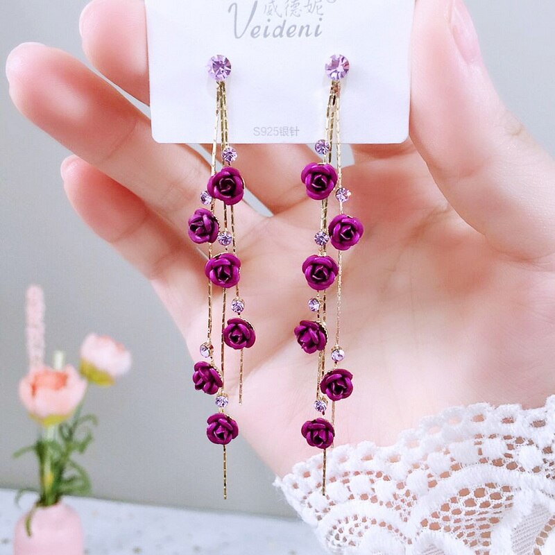 sengpan gifts for her hot sale new gifts for women Korean Fashion Cat Rose Flowers Tassel Earrings For Women Crystal Pearl Dangle Asymmetrical Wedding Party Jewelry Sweet Female