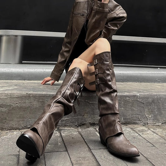 Two-Way Belt Buckle Boots  Summer New Punk Pointed Western Cowboy Boot Retro Easy Matching Knight Boots