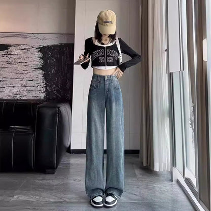 High Waist Wide Leg Jeans for Women Autumn New High-End Elegant Slimming Tall and Small Drooping Straight Mop Pants