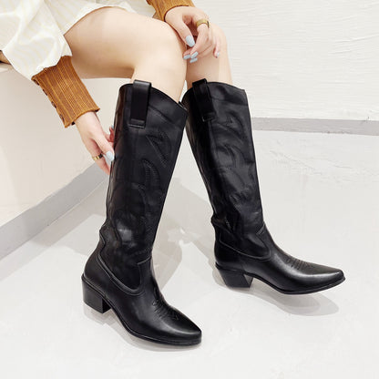 below the Knee V Cut Pointed Leisure Martin Boots Western Cowboy Boot Embroidered Knight Women's Boots