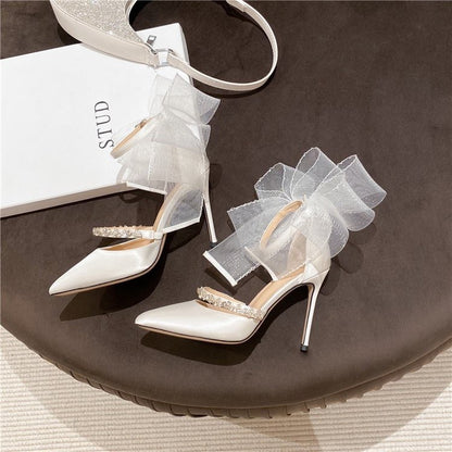 sengpashop Summer Rhinestone Bow High Heel Sandals White Wedding Shoes Pointed Ladies Stiletto Heel Buckle Shoes Black