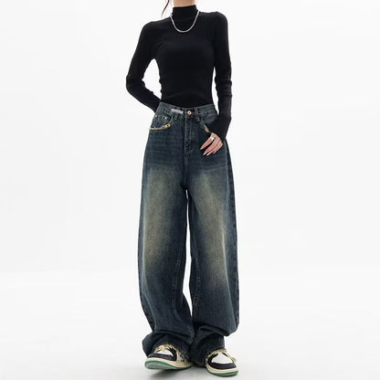 Retro Washed Jeans Women Spring Autumn Loose High Waist Casual Wide Leg Pants American High Street Straight Mopping Pants