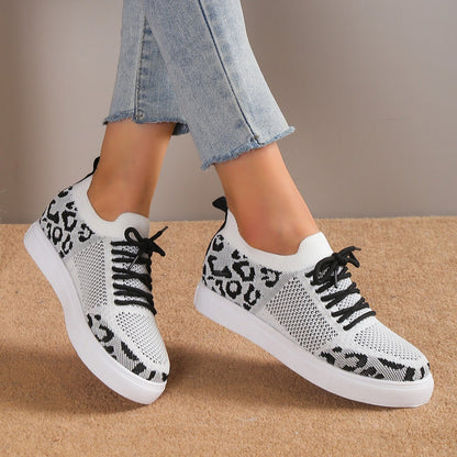 Cross-Border plus Size Women's Casual Sports Single-Layer Shoes  New Leopard Print round Head Lace-up Flat Bottom Comfort Mesh Women's Shoes