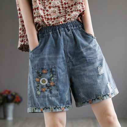 Thin 2024 New Retro Tattered Jeans High Waist Denim Shorts Women's Paste Cloth Embroidery plus Size Loose Wide Leg Pants