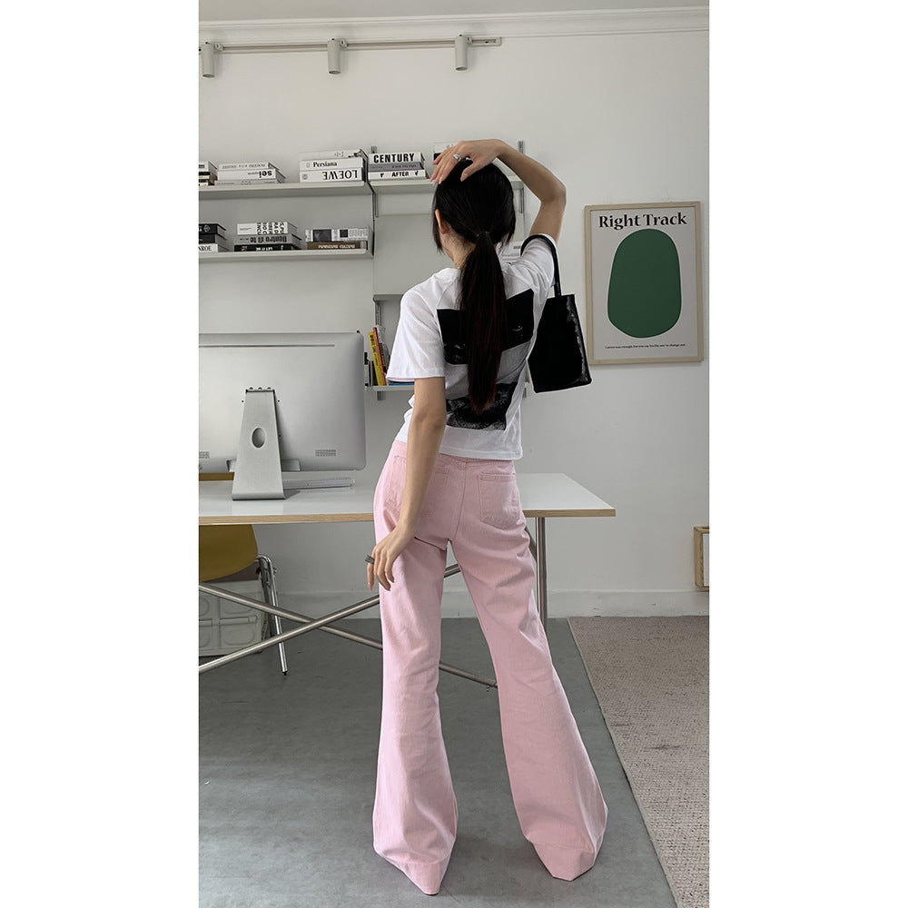 Yilin Sweet Cool Girl Pink Jeans for Women 2024 Summer New High Waist Korean Style Personalized Pocket Bell-Bottom Pants