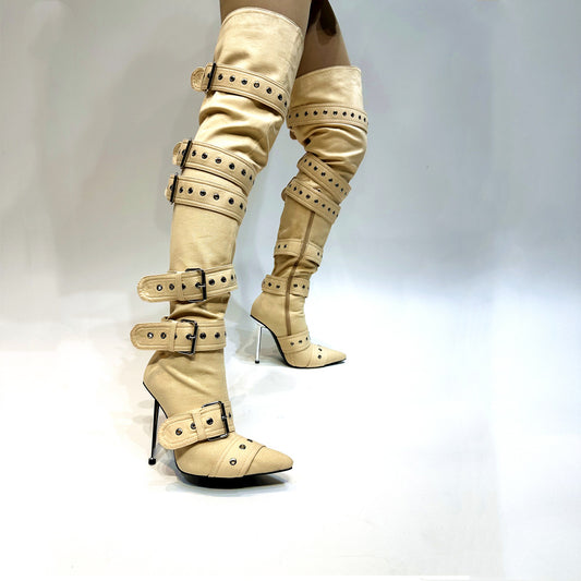 New HOT and NEW Cross Border High Heel over the Knee Boots Pointed Buckle with Rivet Sexy Women's Large-Sized Shoes 43