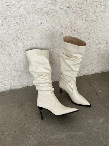 Fall  New Pointed-Toe Retro Pleated Leather Boots High-Heeled High Top Long Boots Design Slimming Hot Girl Women's Boots