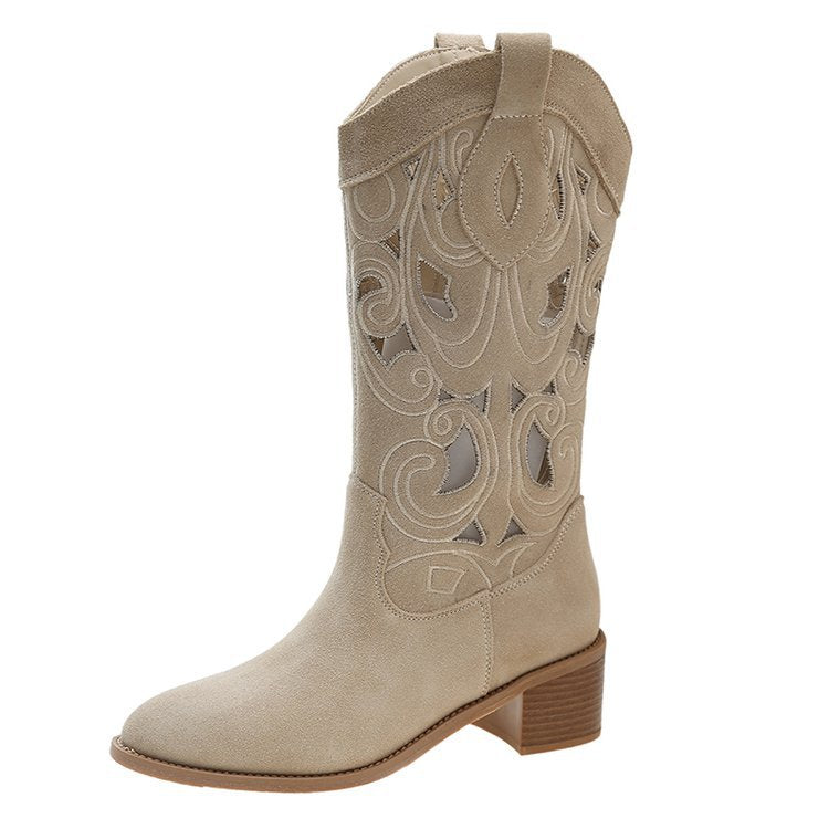Hollow-out Thick High Heel Western Cowboy Boot Women's  New Embroidery Mid Boots Retro Frosted High Tube Fashion Boots
