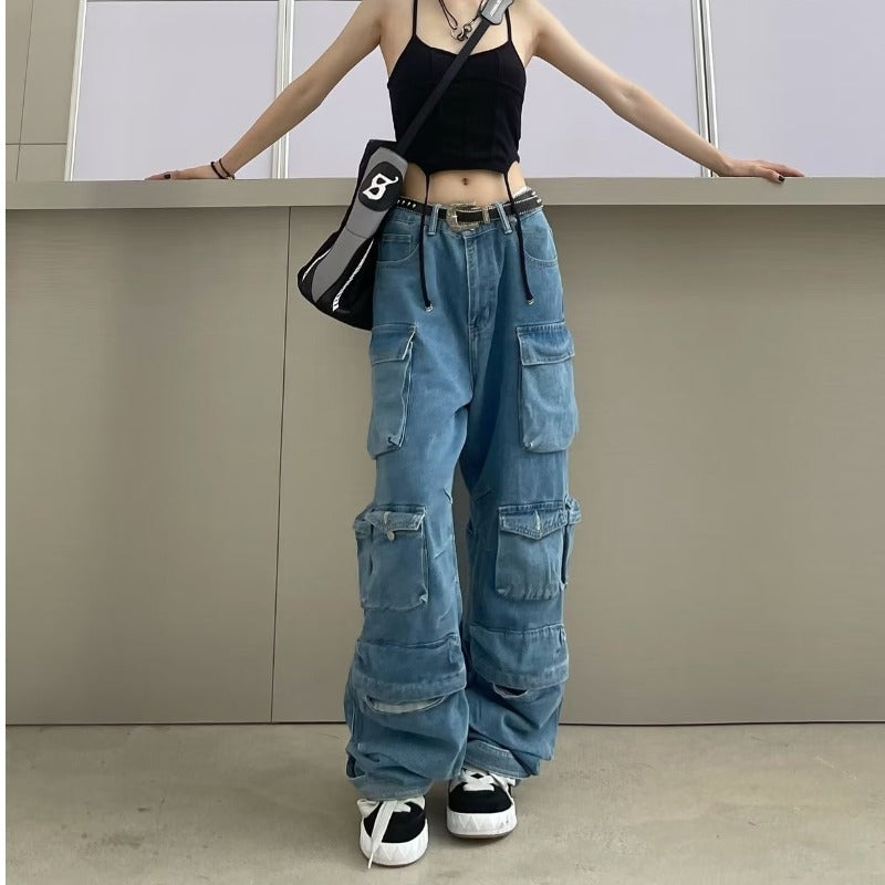 European and American Women's Clothing  Women's Trendy All-Matching Jeans Zipper Light Color and Water Scrubbing Overalls Trousers Simple New