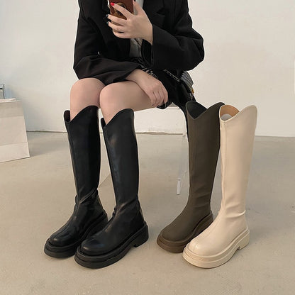 British Thick Bottom Small White Boots Women's New Autumn and Winter V Cut Show Thin Black Long Boots