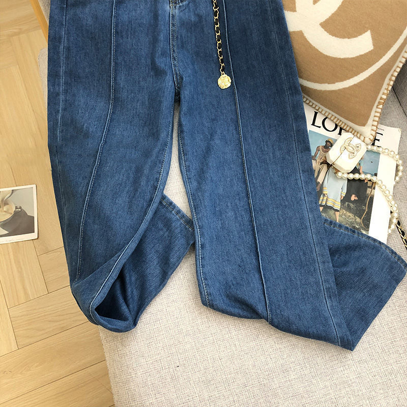 Fall 2024 New Blue Color Design Sense Niche Jeans Women's Korean-Style High Waist Slimming All-Matching Straight Wide-Leg Pants