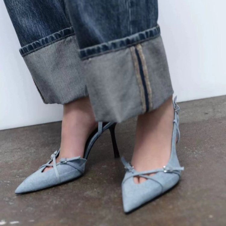 sengpashop Pointed Stiletto Heel Denim High Heels Summer Niche Temperament  New Style Buckle Closed Toe Fashion Women's Sandals