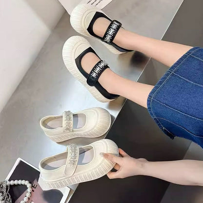 Spring Thick Bottom Velcro Canvas Shoes for Women  New Popular Slip-on Cloth Shoes Mary Jane White Shoes Pumps