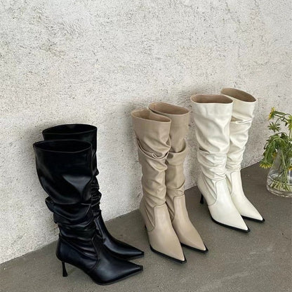 Fall  New Pointed-Toe Retro Pleated Leather Boots High-Heeled High Top Long Boots Design Slimming Hot Girl Women's Boots