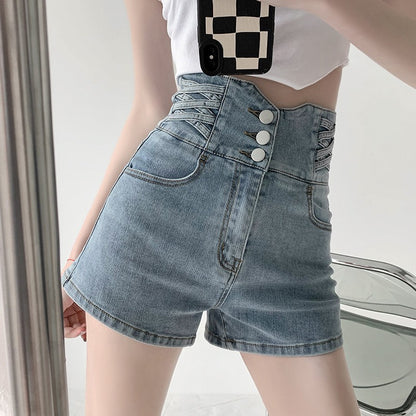 Small High Waist Denim Shorts Women's Summer New New Light Color A- line Slimming Sweet Hot Pants