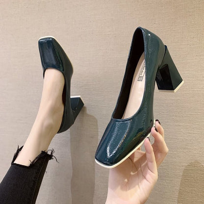 sengpashop Square Toe Pumps Women's Korean Style Ladies Patent Leather High Heels Chunky Heel Pedicure Low-Cut Slip-on Professional Shoes Women's Shoes Wholesale