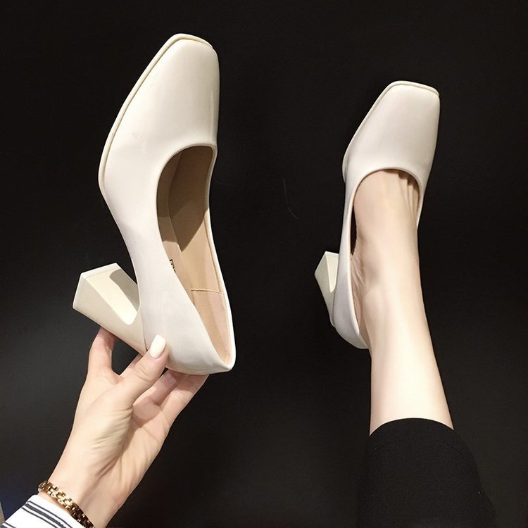 sengpashop Square Toe Pumps Women's Korean Style Ladies Patent Leather High Heels Chunky Heel Pedicure Low-Cut Slip-on Professional Shoes Women's Shoes Wholesale