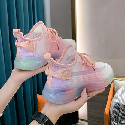 Rainbow Bottom Coconut Women's Fashionable Shoes Spring and Summer Breathable Sneaker Women's Light Running Shoes Gradient Flying Woven Shoes