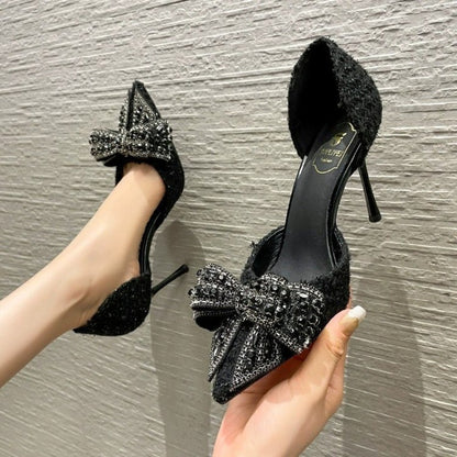 sengpashop Black High Heels Women's Stiletto Heel Pointed Toe  New Elegant Socialite Bow Rhinestone Shoes Hollowed Sandals