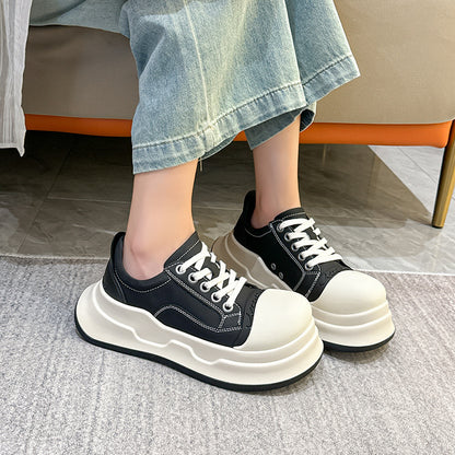 Mickey Big Head Shoes Women's  New NEWn Retro Casual Platform Height Increasing Canvas Shoes Pumps Genuine Leather Bread Shoes