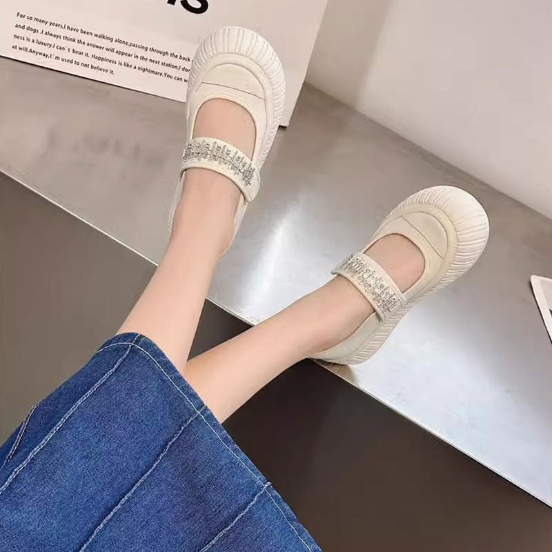 Spring Thick Bottom Velcro Canvas Shoes for Women  New Popular Slip-on Cloth Shoes Mary Jane White Shoes Pumps