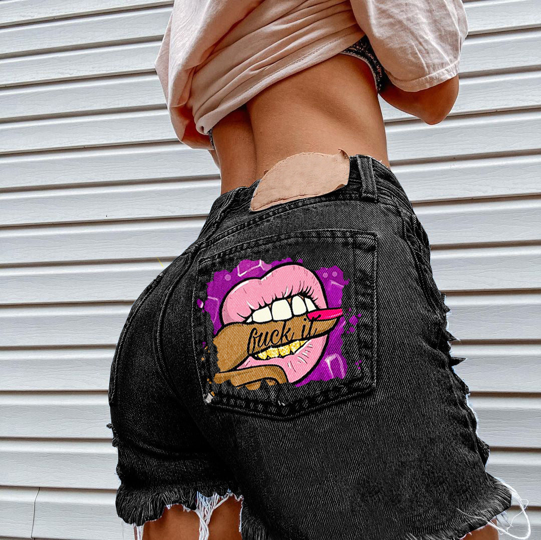 2012 * Mouth Bite Finger Printing  E-Commerce  Fashion Holes Denim Shorts for Women