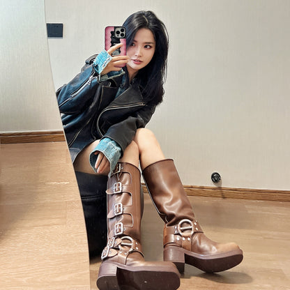 Women's Belt Buckle Chunky Heel Retro High Leg Boot Western Boots Increased by Fashion Boots