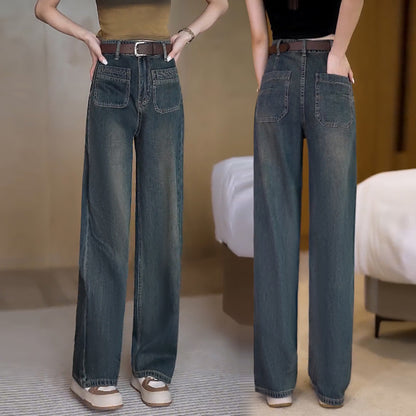 Straight Nostalgic Jeans for Women 2024 Spring and Autumn New Fashion Velvet Padded High Waist Loose and Slimming Mop Wide Leg Pants Winter