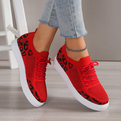 Cross-Border plus Size Women's Casual Sports Single-Layer Shoes  New Leopard Print round Head Lace-up Flat Bottom Comfort Mesh Women's Shoes