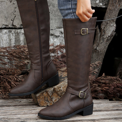 Autumn and Winter New Women's Boots Square Heel HOTan and NEWn Tall Knight Boots Belt Buckle Solid Color Women's Boots