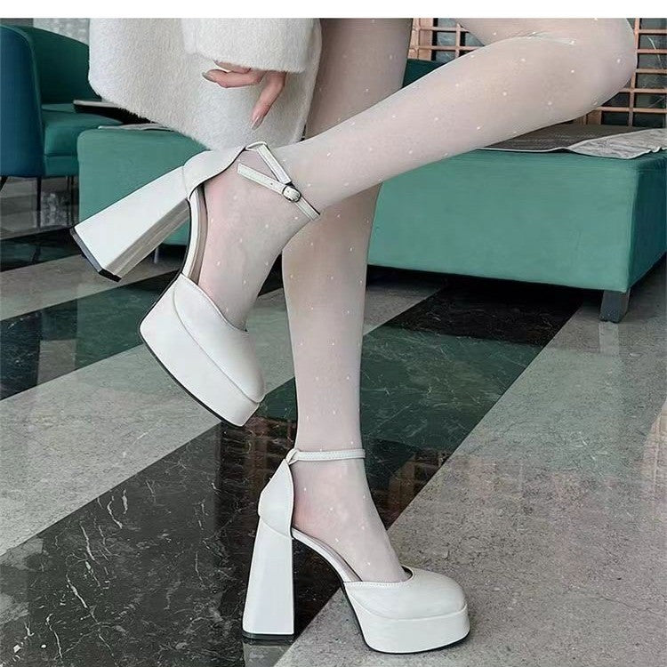 sengpashop High Heels White Barbie Shoes Sweet Fairy Style Platform Height Increasing Chunky Heel Mary Jane Shoes Small Leather Shoes for Women