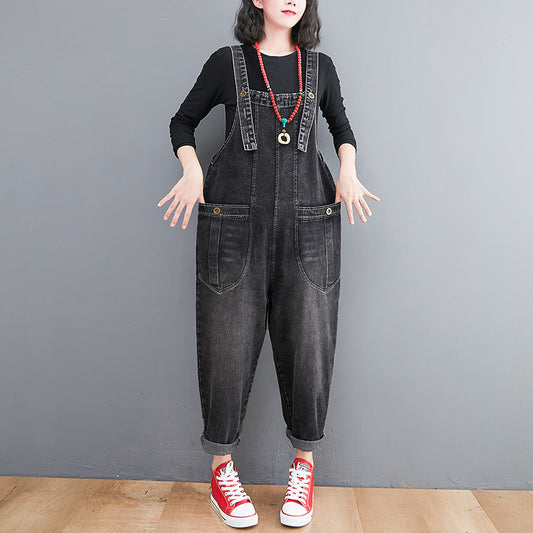 Suspender Trousers Artistic Autumn Denim Suspender Pants Women's Retro plus Size Loose Wide-Leg Pants Fashion Casual Harem Pants