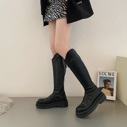 British Thick Bottom Small White Boots Women's New Autumn and Winter V Cut Show Thin Black Long Boots