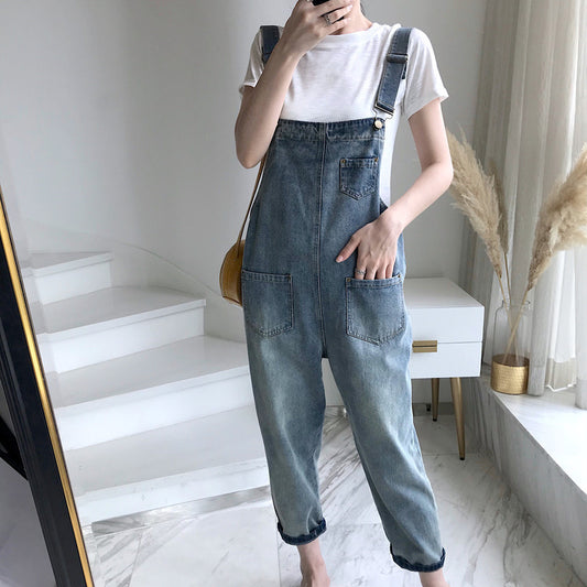 Internet Celebrity Denim Suspender Pants Women's Spring and Summer New Loose Korean Style Cat's Paw Student Monster Cute Cropped Pants