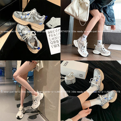 Casual Sports Single-Layer Shoes Female Dad Shoes Early Spring New Products round Head Thick Bottom Lace-up Casual Low-Top Shoes Women's Thin Shoes Tide