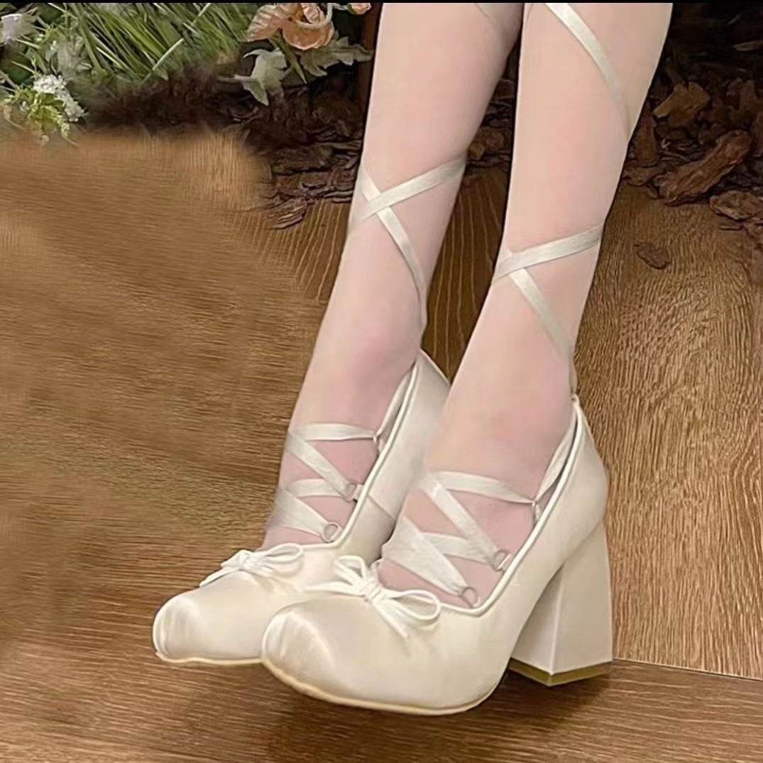 sengpashop Pink Cross Lace-up High Heels Chunky Heel Girl Ballet Style Shoes outside Wear  Elegant Satin Lolita Pumps